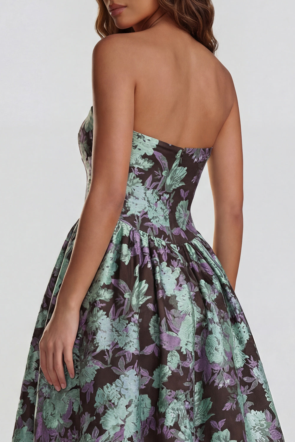 Strapless A Line Blue White Floral Wedding Guest Dress with Slit