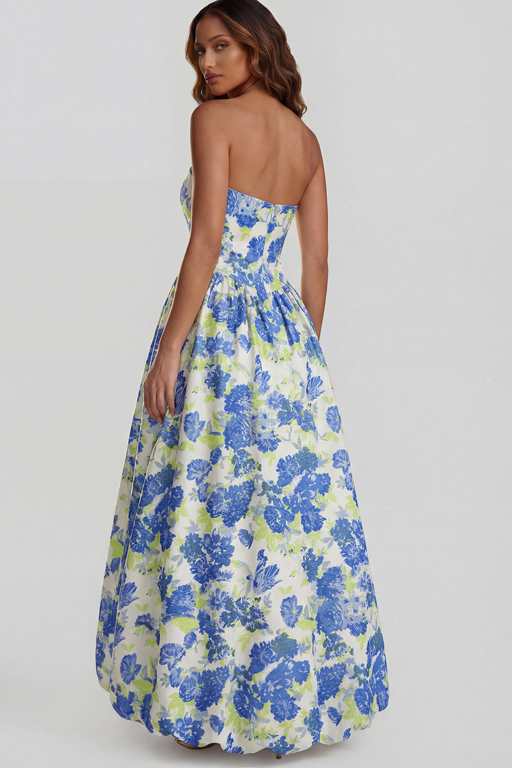 Strapless A Line Blue White Floral Wedding Guest Dress with Slit
