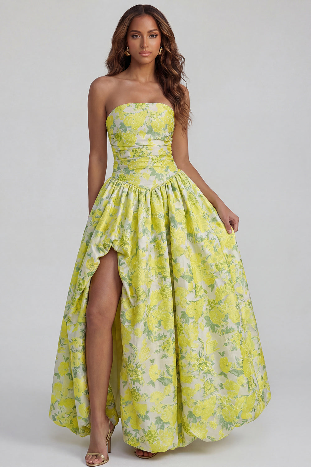 Strapless A Line Blue White Floral Wedding Guest Dress with Slit
