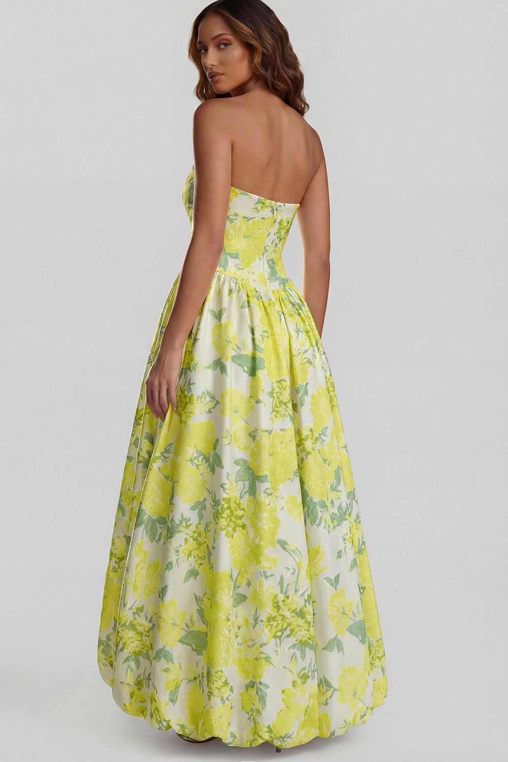 Strapless A Line Blue White Floral Wedding Guest Dress with Slit