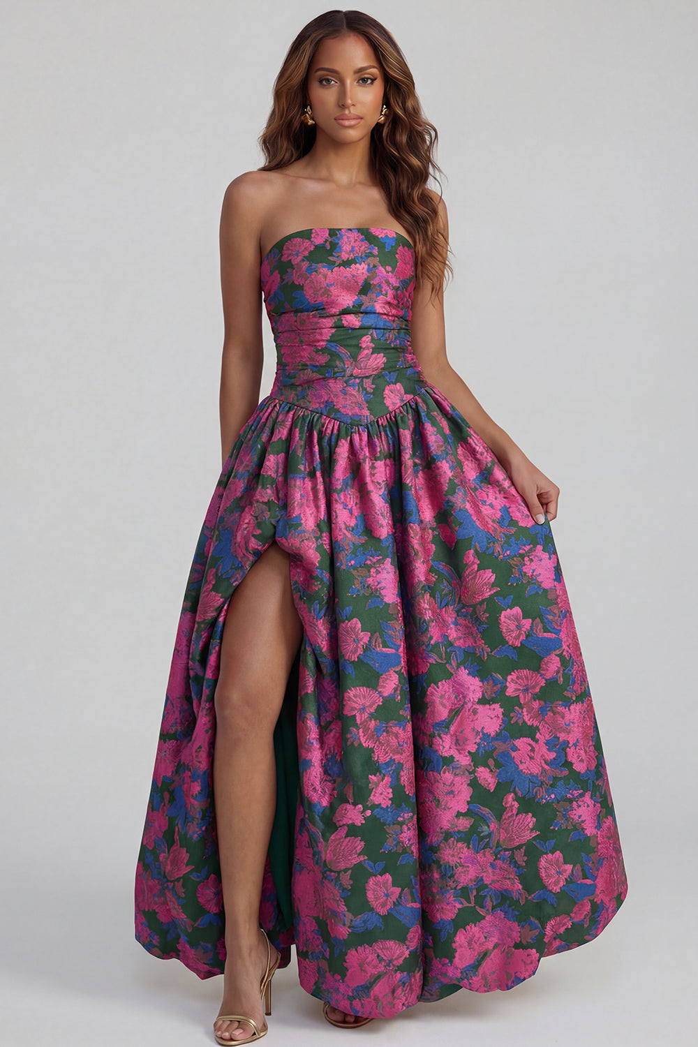 Strapless A Line Blue White Floral Wedding Guest Dress with Slit