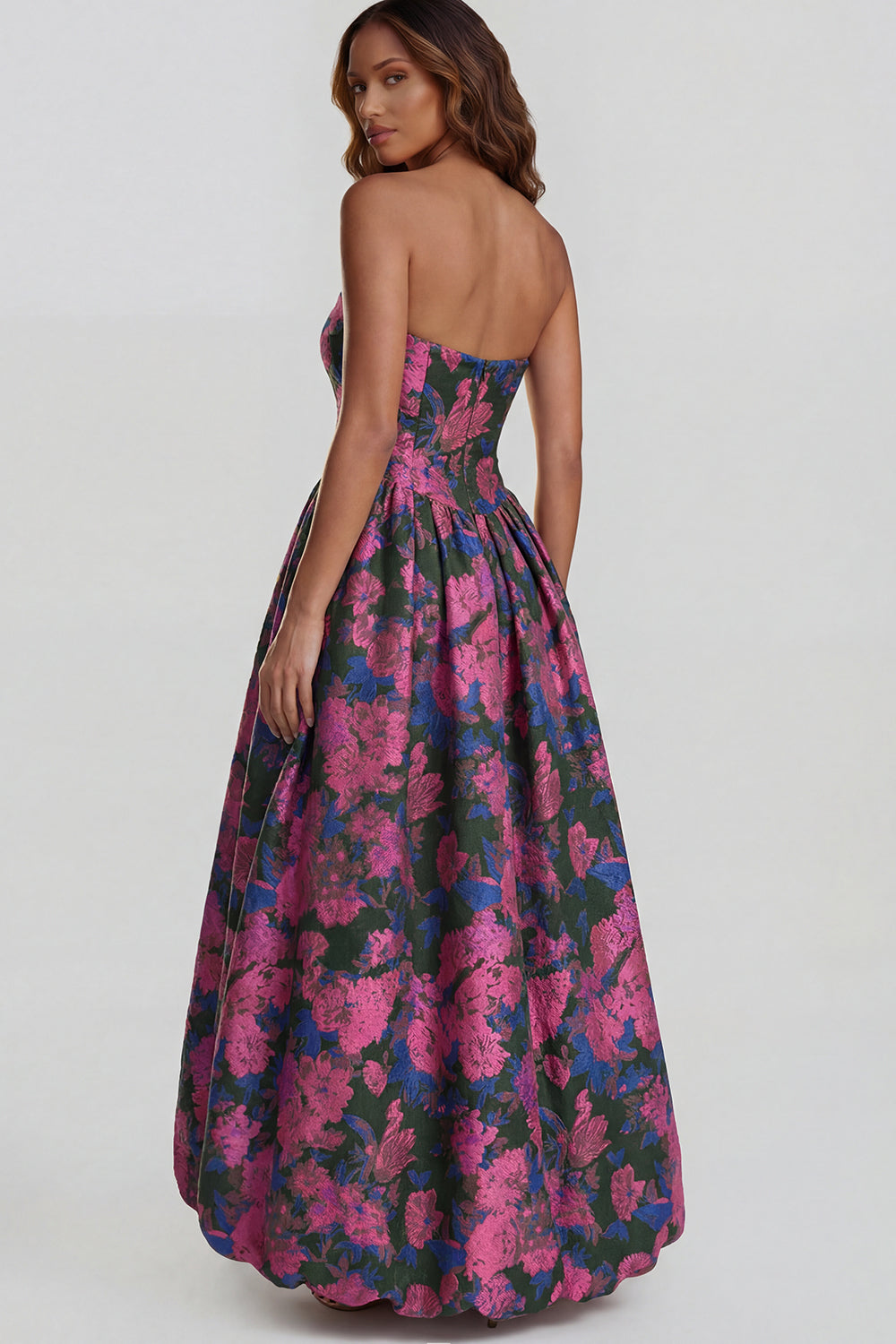Strapless A Line Blue White Floral Wedding Guest Dress with Slit