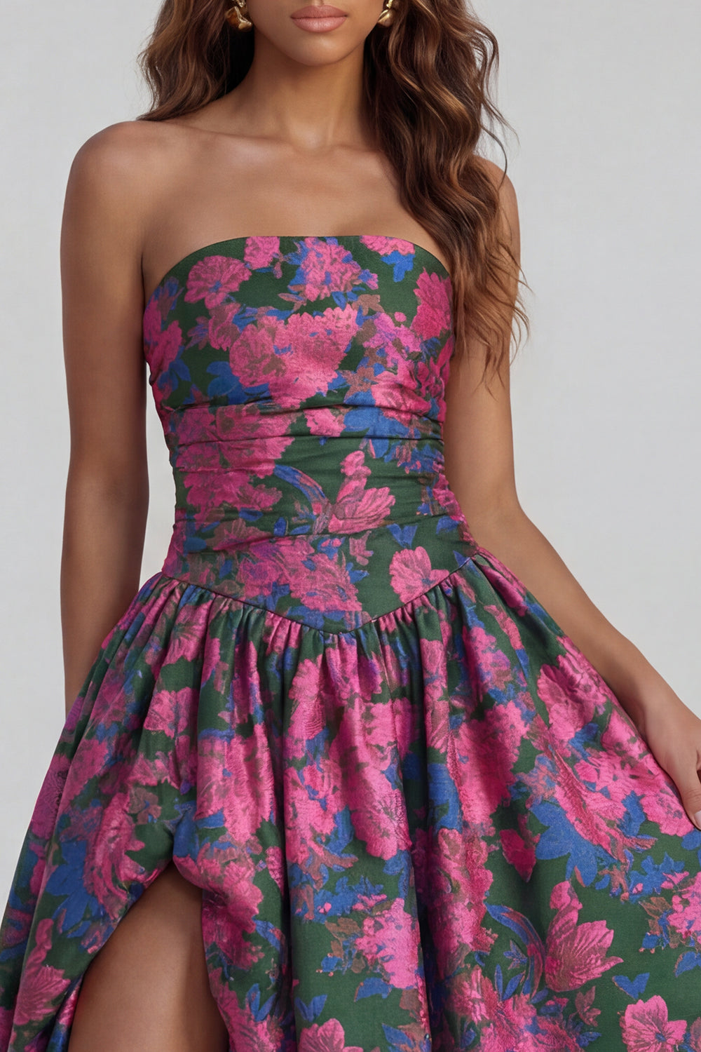 Strapless A Line Blue White Floral Wedding Guest Dress with Slit