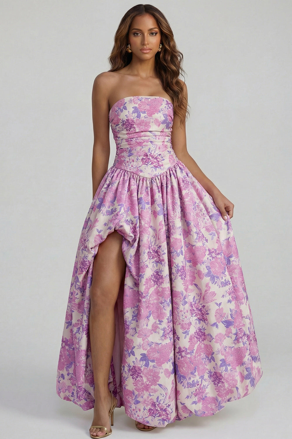 Strapless A Line Blue White Floral Wedding Guest Dress with Slit
