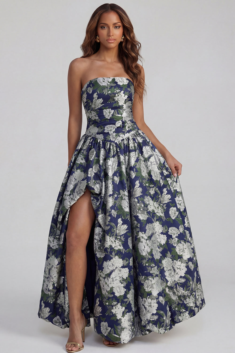 Strapless A Line Blue White Floral Wedding Guest Dress with Slit