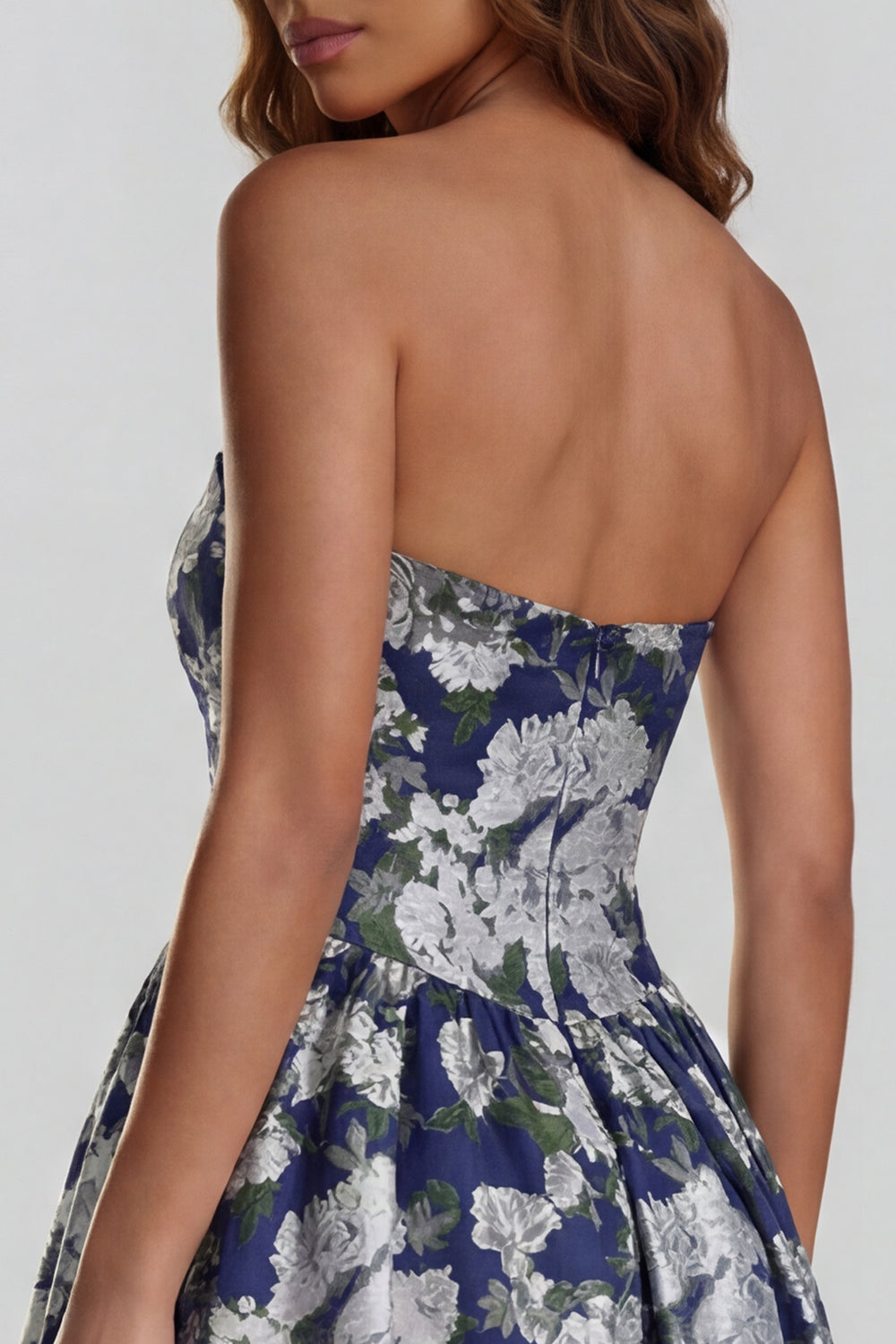Strapless A Line Blue White Floral Wedding Guest Dress with Slit