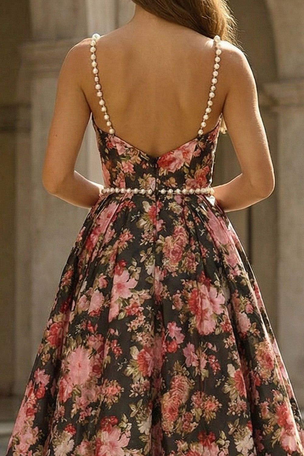 Black Pink Floral A Line Wedding Guest Dress with Pearls