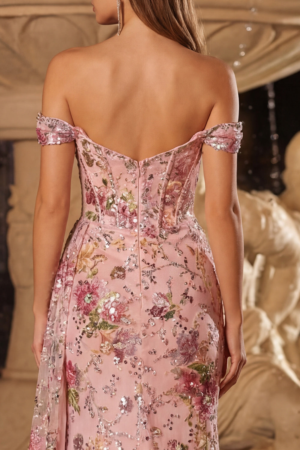 Sparkly Off the Shoulder Corset Floral Pink Prom Dress