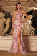 Halter Pink Floral Corset Mermaid Sequin Prom Dress