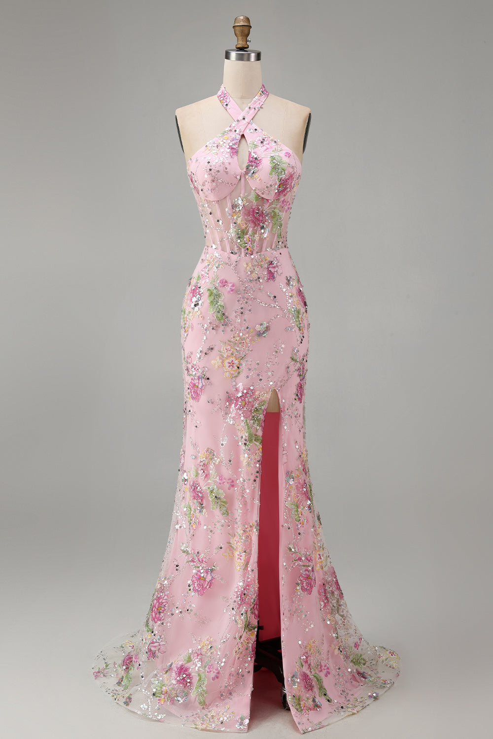 Halter Pink Floral Corset Mermaid Sequin Prom Dress