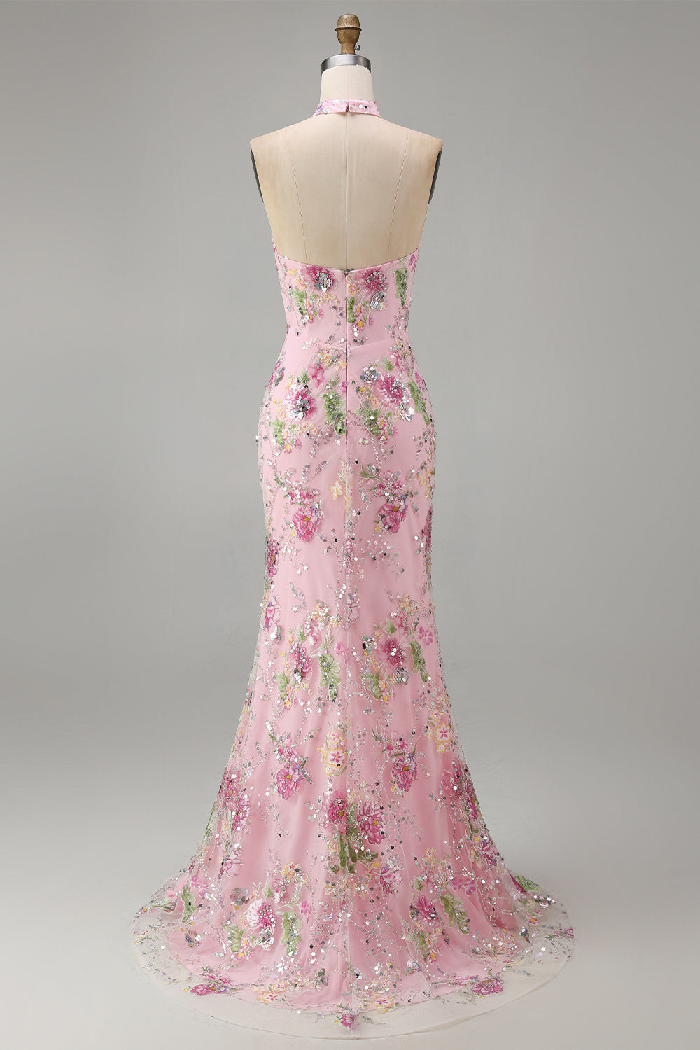 Halter Pink Floral Corset Mermaid Sequin Prom Dress