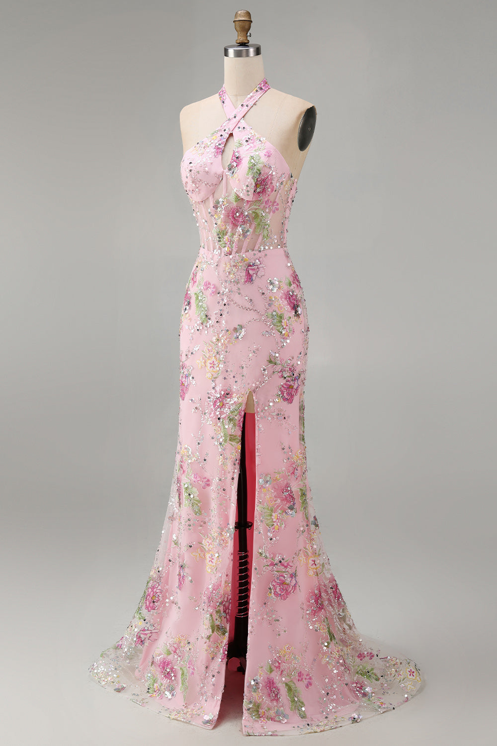 Halter Pink Floral Corset Mermaid Sequin Prom Dress