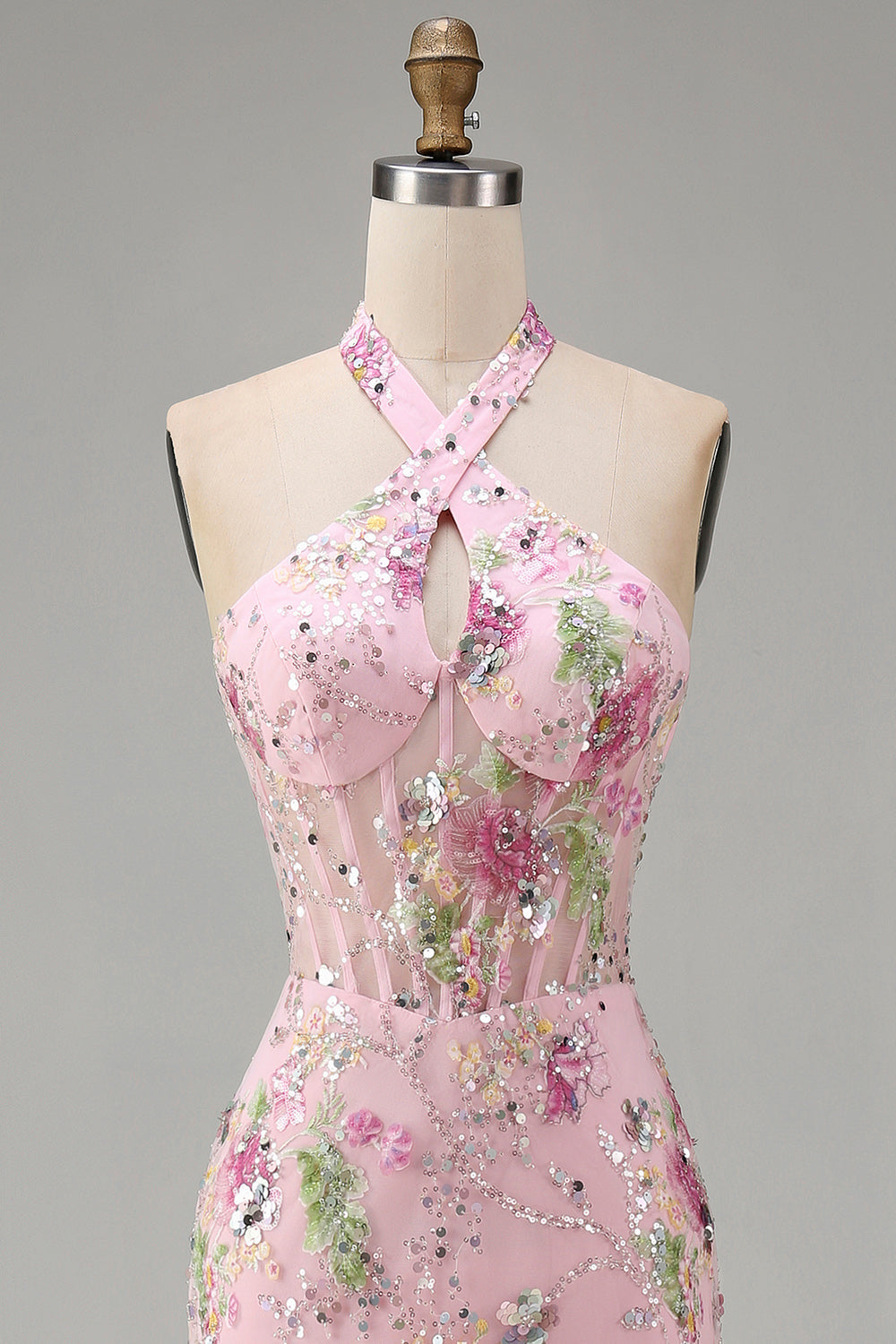 Halter Pink Floral Corset Mermaid Sequin Prom Dress