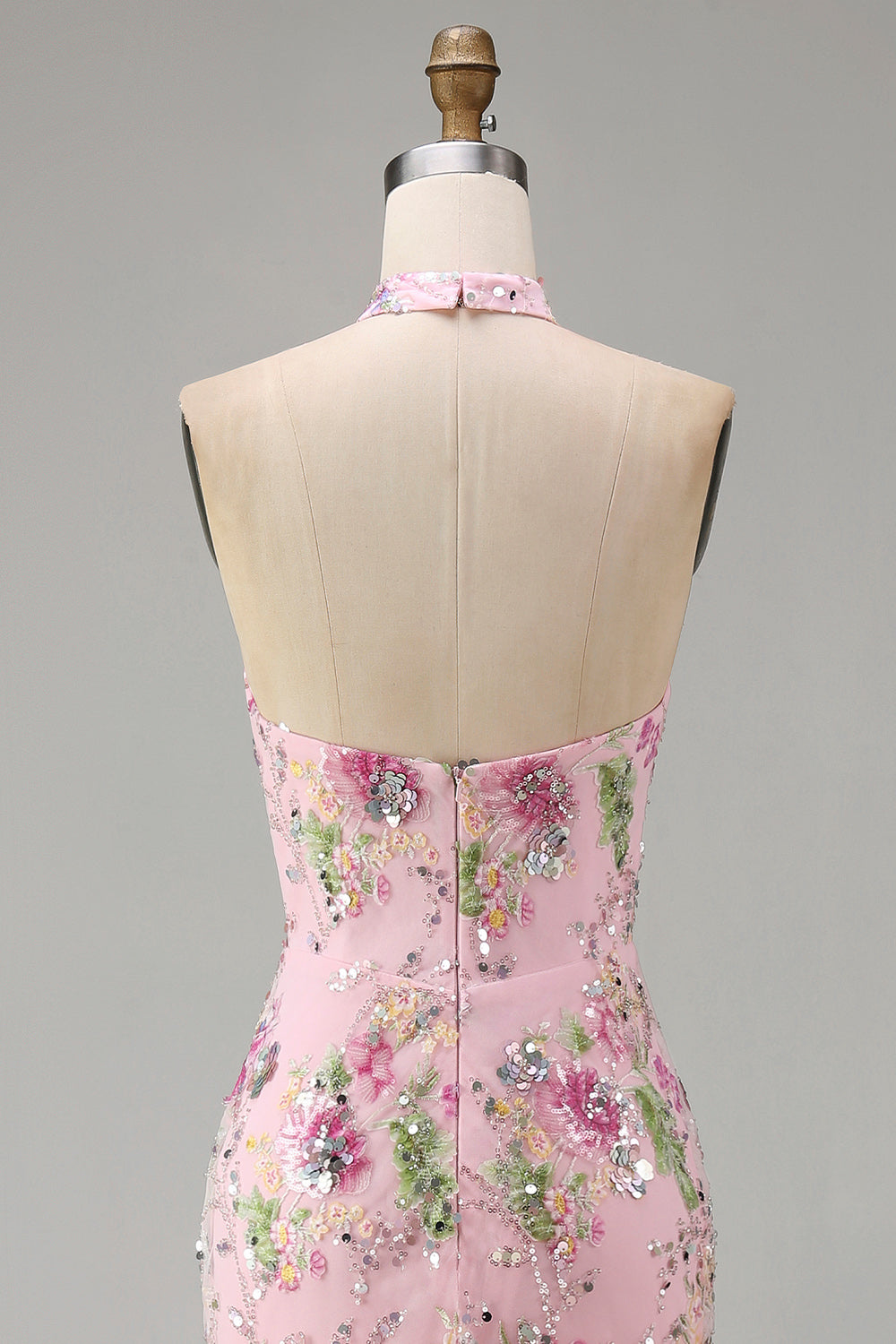Halter Pink Floral Corset Mermaid Sequin Prom Dress