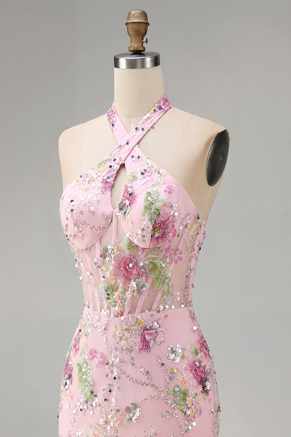 Halter Pink Floral Corset Mermaid Sequin Prom Dress