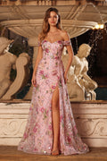 Sparkly Floral Pink Off the Shoulder A Line Prom Dress