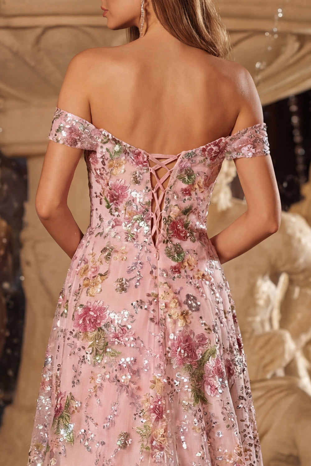 Sparkly Floral Pink Off the Shoulder A Line Prom Dress