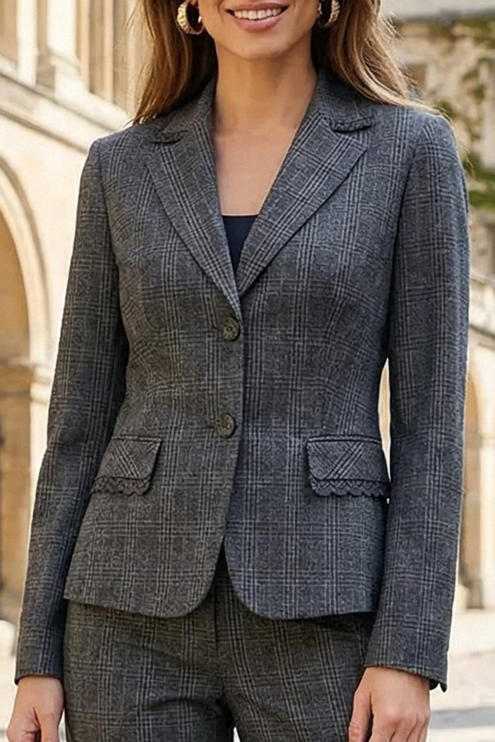 Notched Lapel Dark Grey 2 Piece Classic Women Suits