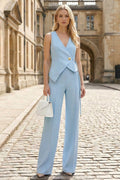 Sky Blue 2 Piece Sleeveless Slim Fit Women Suits