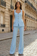 Halter Sky Blue 2 Piece Slim Fit Women Suits
