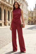 High Neck Satin 2 Piece Burgundy Women Suits