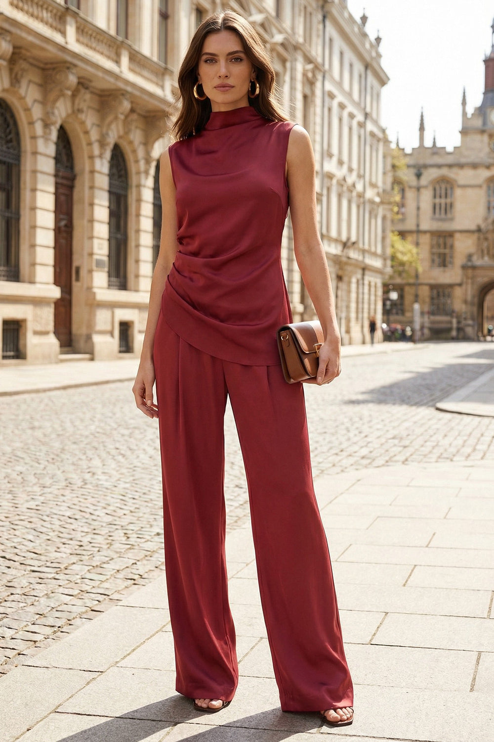 High Neck Satin 2 Piece Burgundy Women Suits