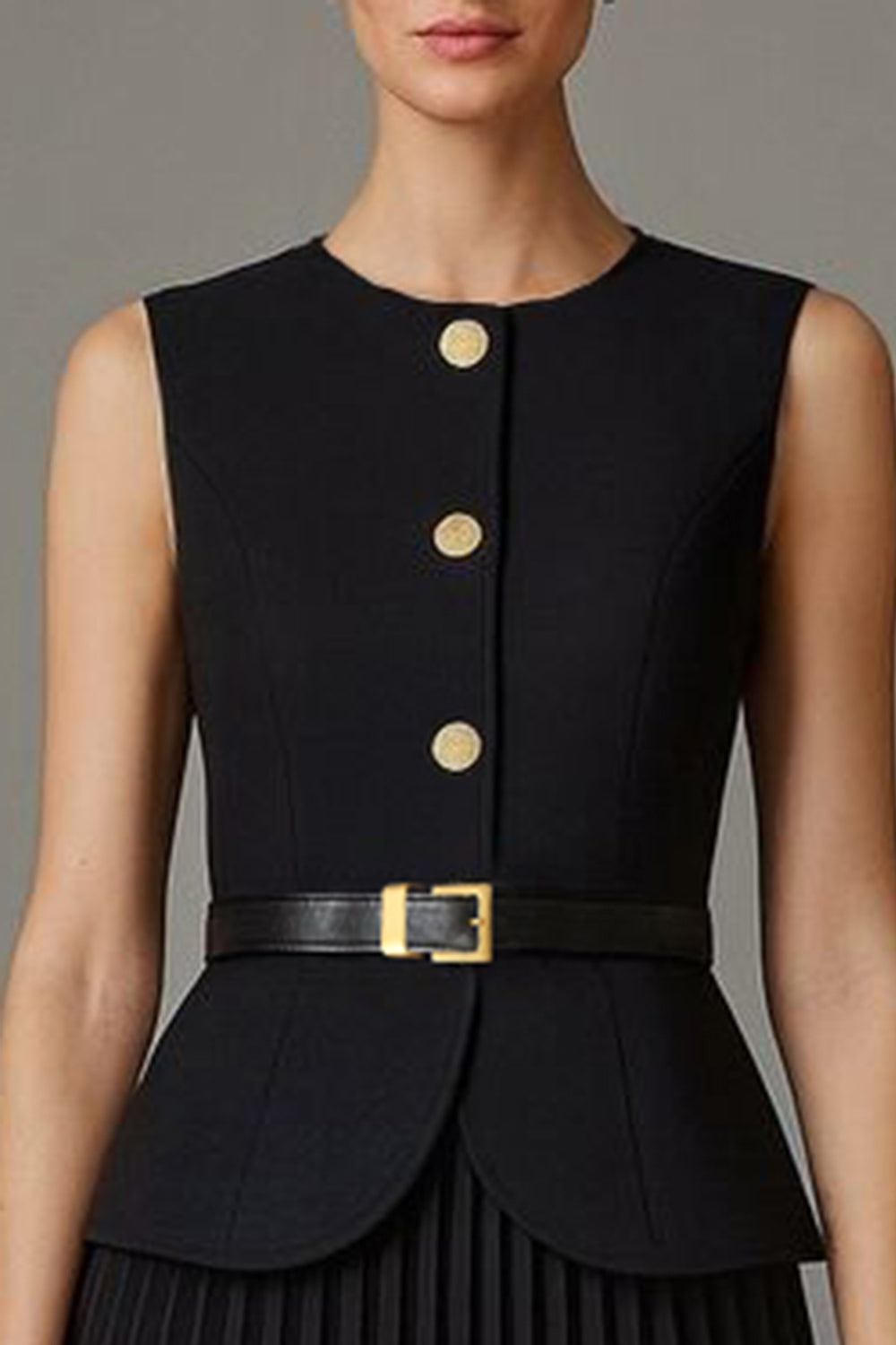Black A Line Pleated Midi Work Dress with Belt