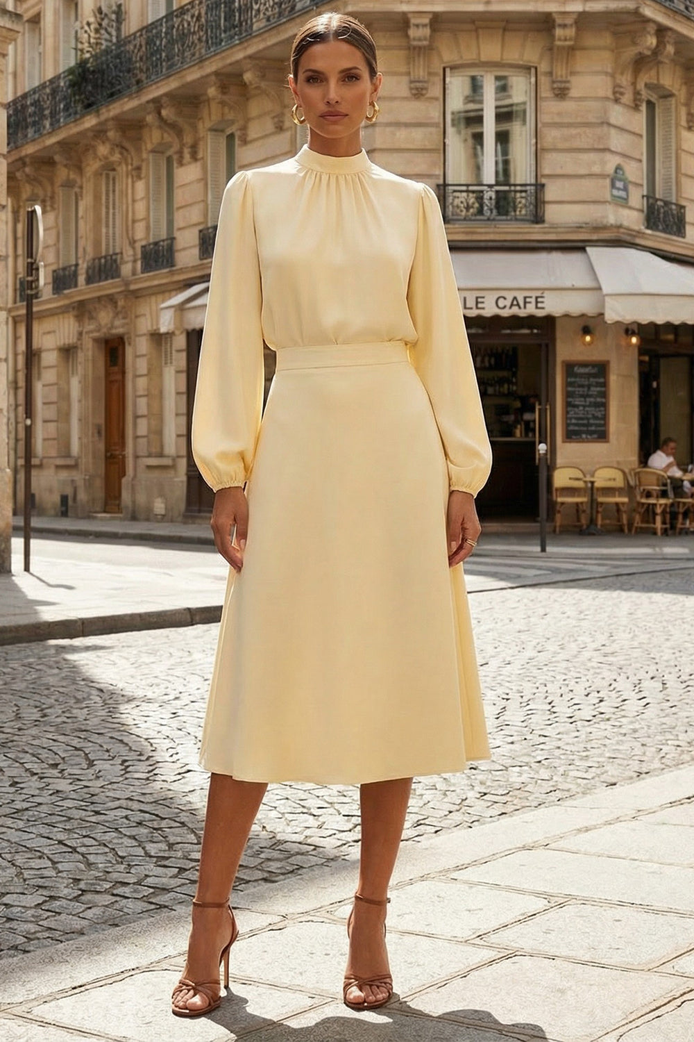High Neck A Line Satin Daffodil Midi Work Dress