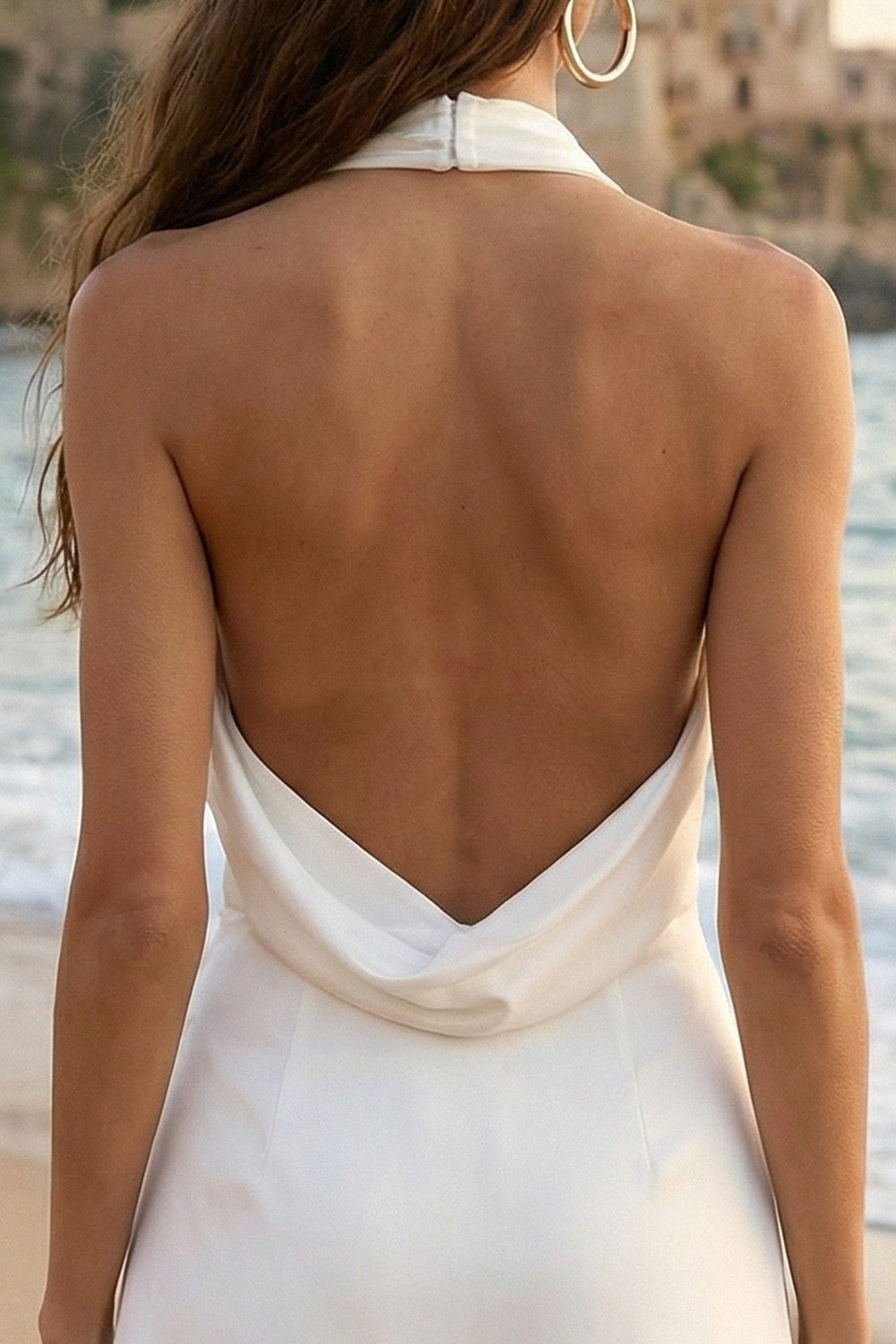 Halter Satin High Low Mini White Dress with Slit