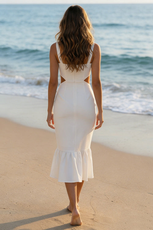 Mermaid Cut Out Midi White Dress with Ruffles