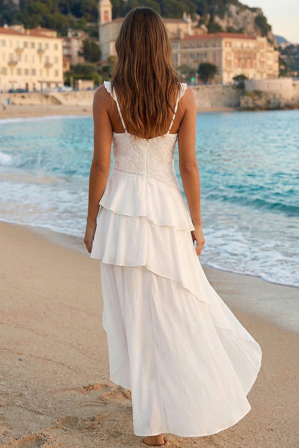 A Line High Low Lace White Dress with Ruffles