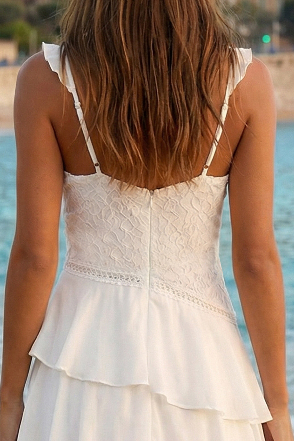 A Line High Low Lace White Dress with Ruffles