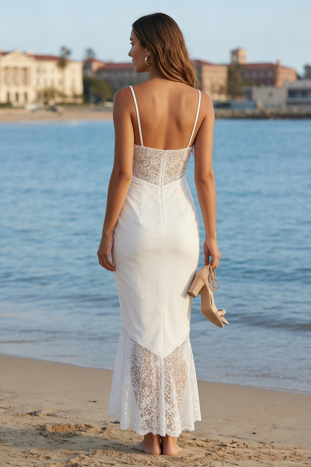 Mermaid Ruched Lace Ruffled White Dress
