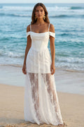 Cold Shoulder Corset Lace Maxi White Dress