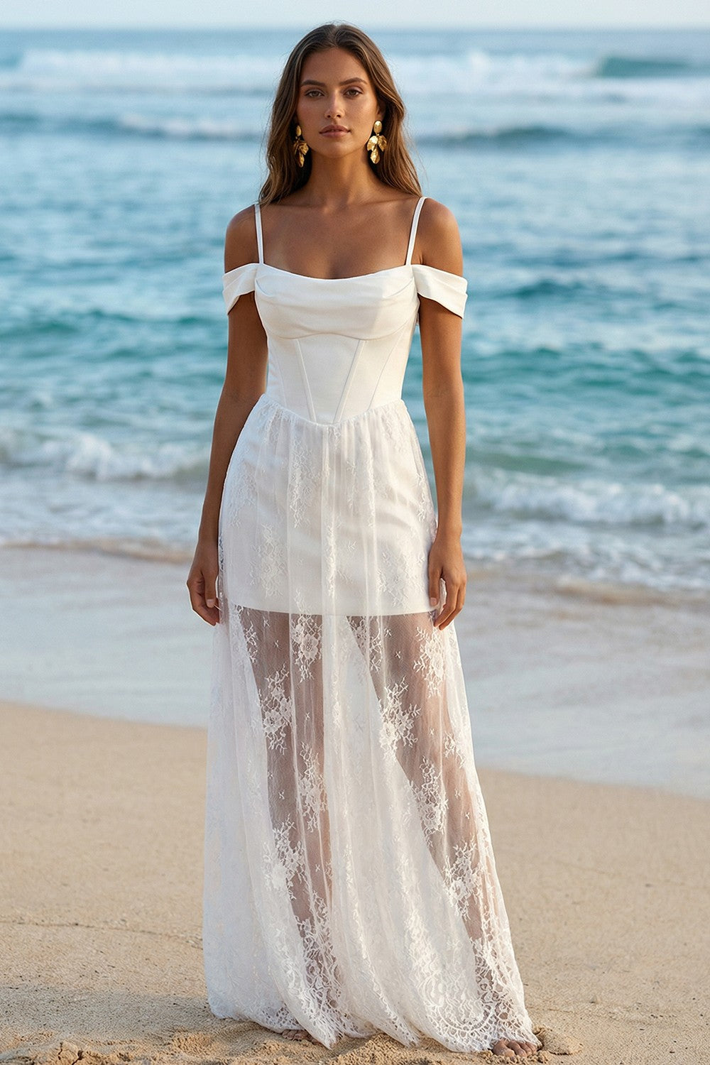 Cold Shoulder Corset Lace Maxi White Dress