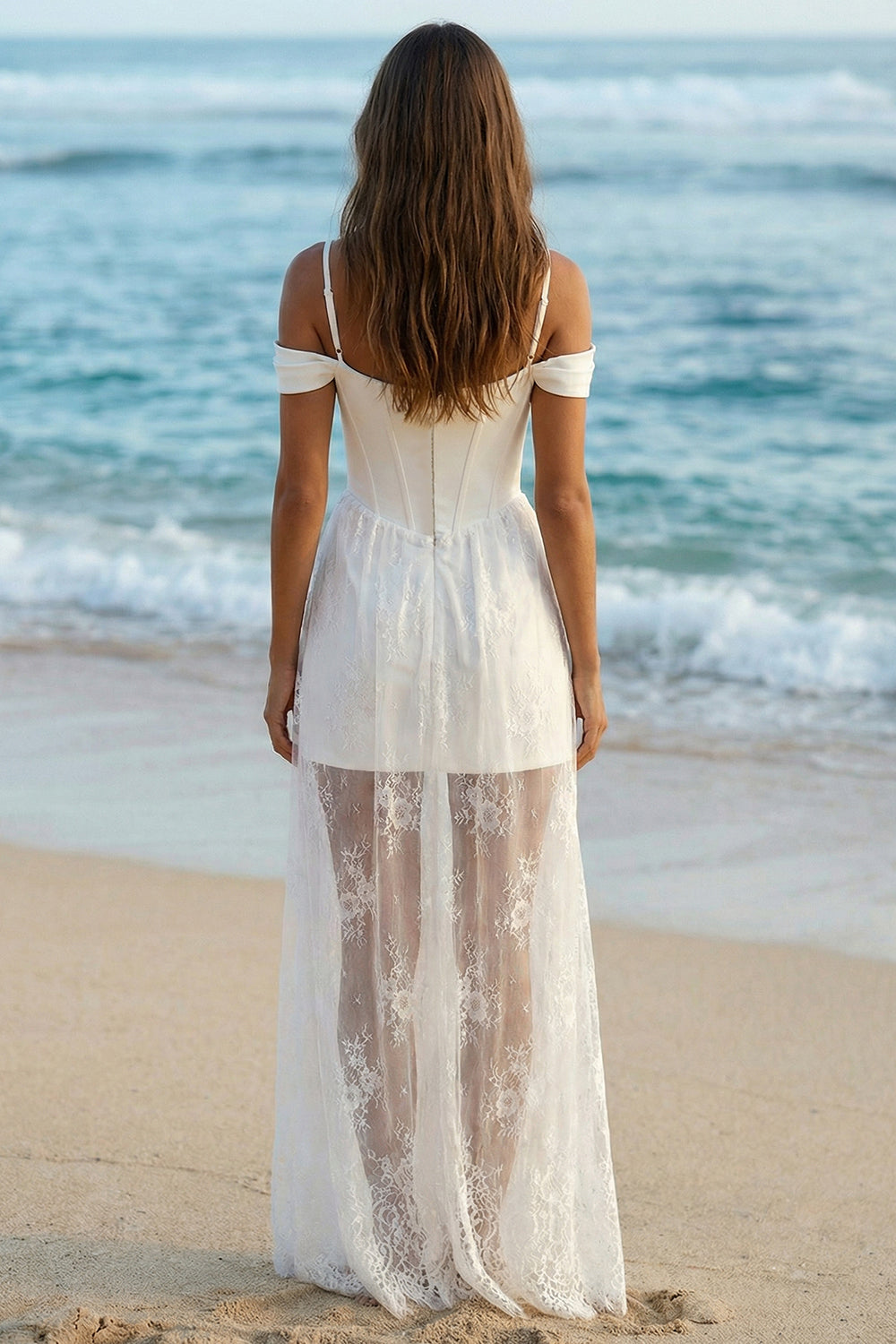 Cold Shoulder Corset Lace Maxi White Dress