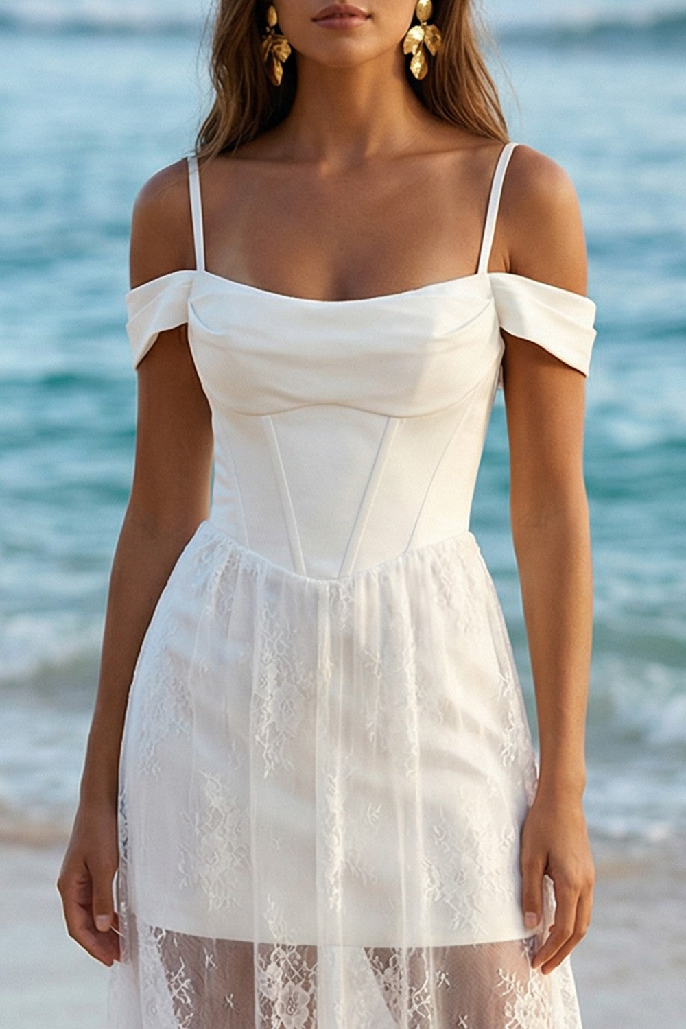 Cold Shoulder Corset Lace Maxi White Dress