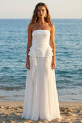 Strapless A Line Pleated Ruffled Maxi White Dress