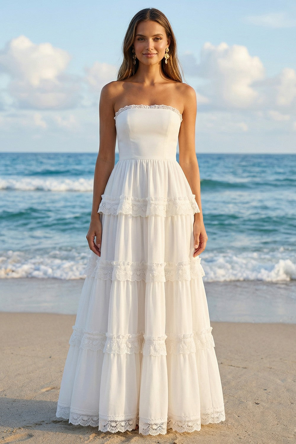 Strapless A Line Pleated Ruffled Lace Maxi White Dress