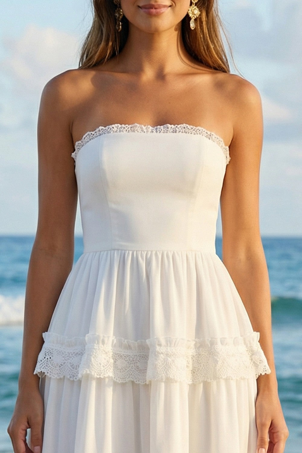 Strapless A Line Pleated Ruffled Lace Maxi White Dress