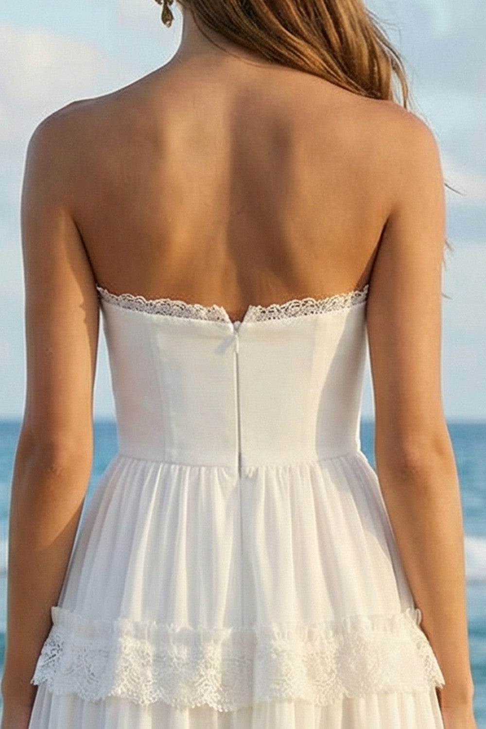 Strapless A Line Pleated Ruffled Lace Maxi White Dress