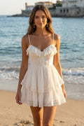 A Line Lace Mini White Dress with Ruffles