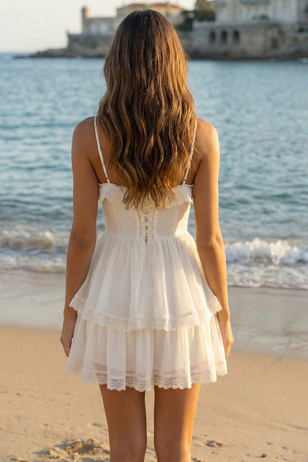 A Line Lace Mini White Dress with Ruffles