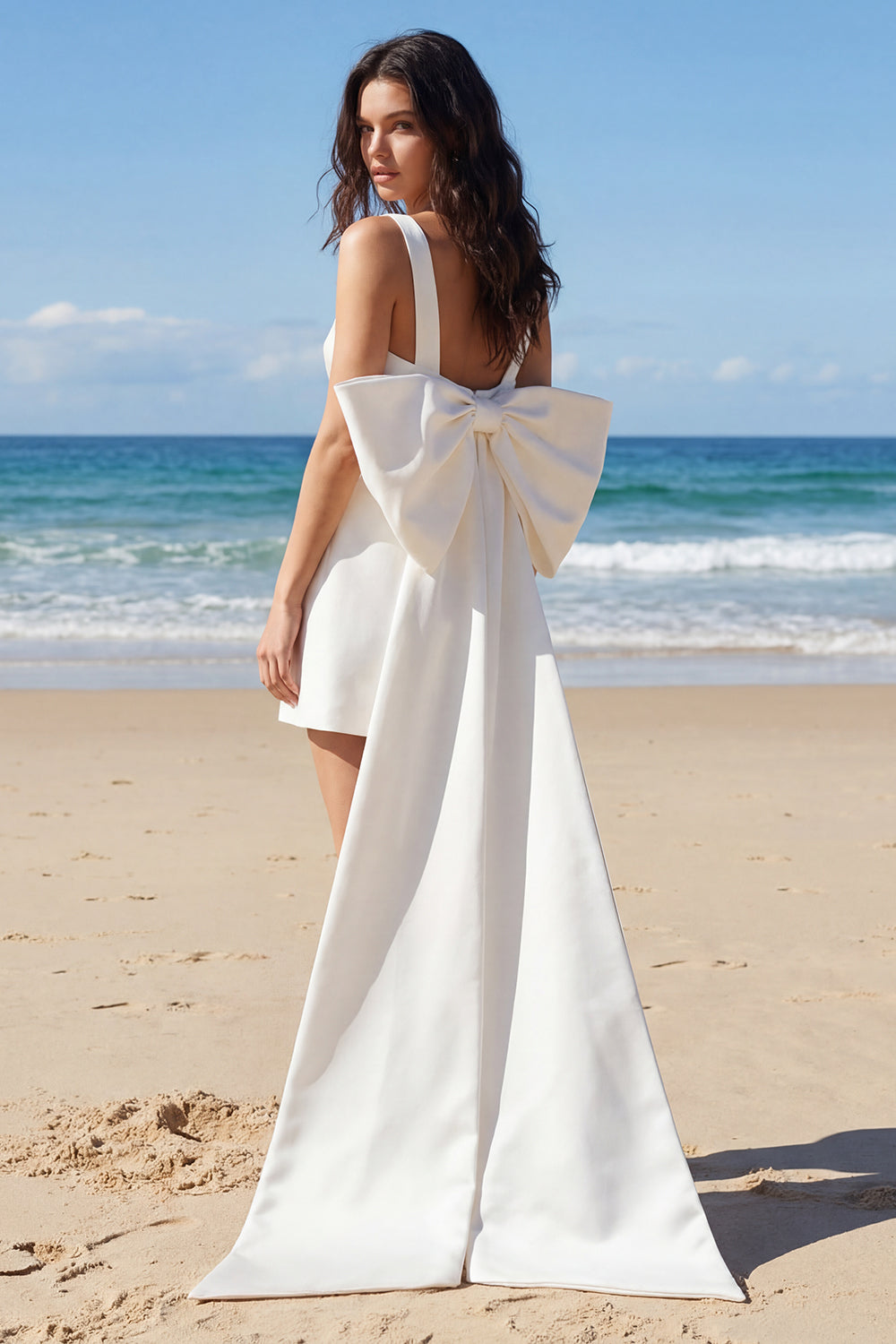 Square Neck Mini White Dress with Bow
