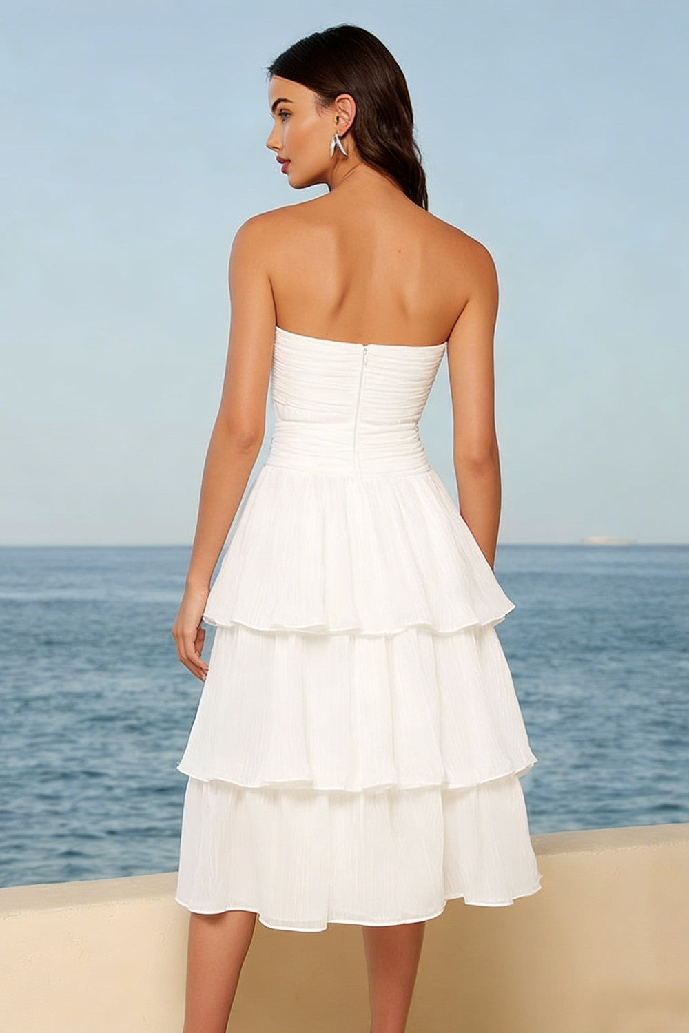 Strapless Tiered Midi White Dress with Bow