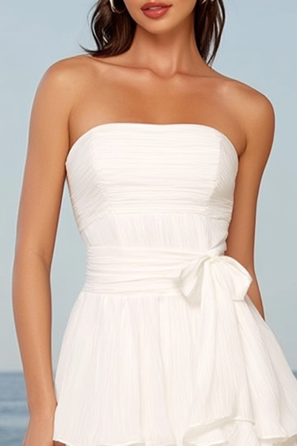 Strapless Tiered Midi White Dress with Bow