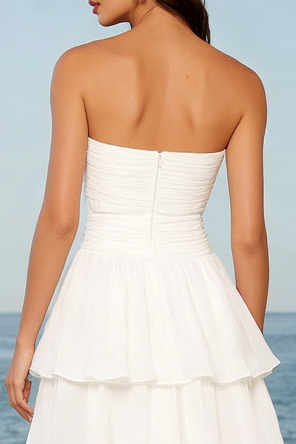 Strapless Tiered Midi White Dress with Bow