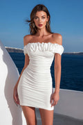 Off the Shoulder Ruffled Bodycon Mini White Dress