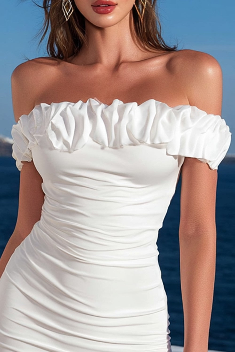 Off the Shoulder Ruffled Bodycon Mini White Dress