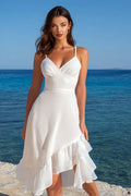 A Line Midi White Graduation Dress with Ruffles
